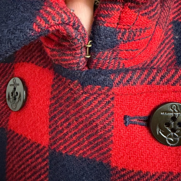 J. Crew Buffalo Plaid Wool Pea Coat Red & Navy Double Breasted Size 00P - Picture 8 of 12